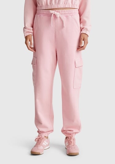  Kadın Pembe %100 Pamuk Beli İpli Relax Fit Kargo Eşofman Altı