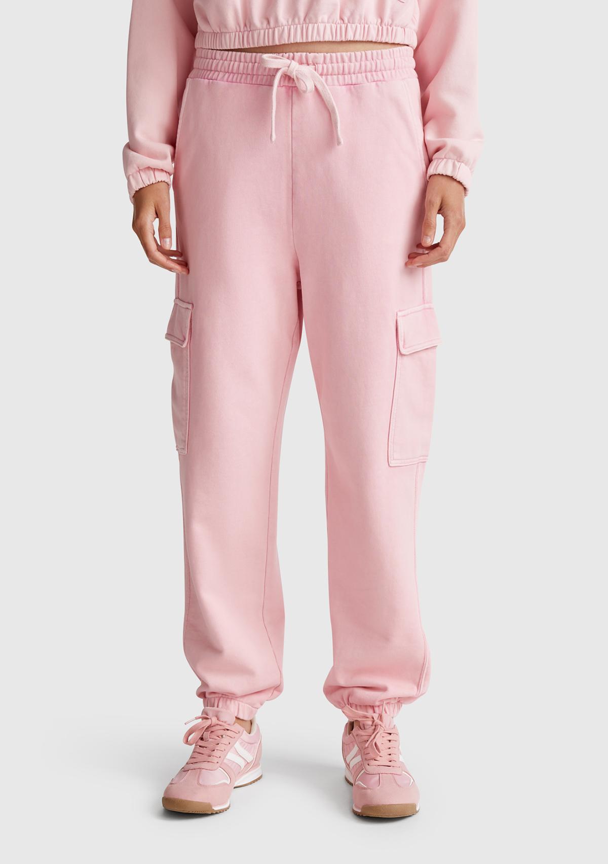  Kadın Pembe %100 Pamuk Beli İpli Relax Fit Kargo Eşofman Altı