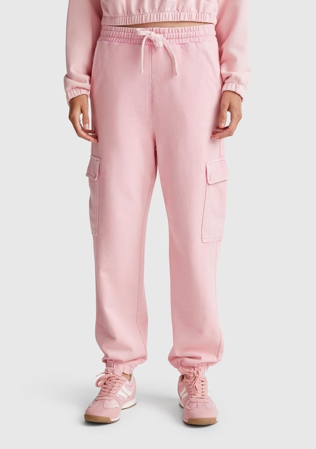  Kadın Pembe %100 Pamuk Beli İpli Relax Fit Kargo Eşofman Altı