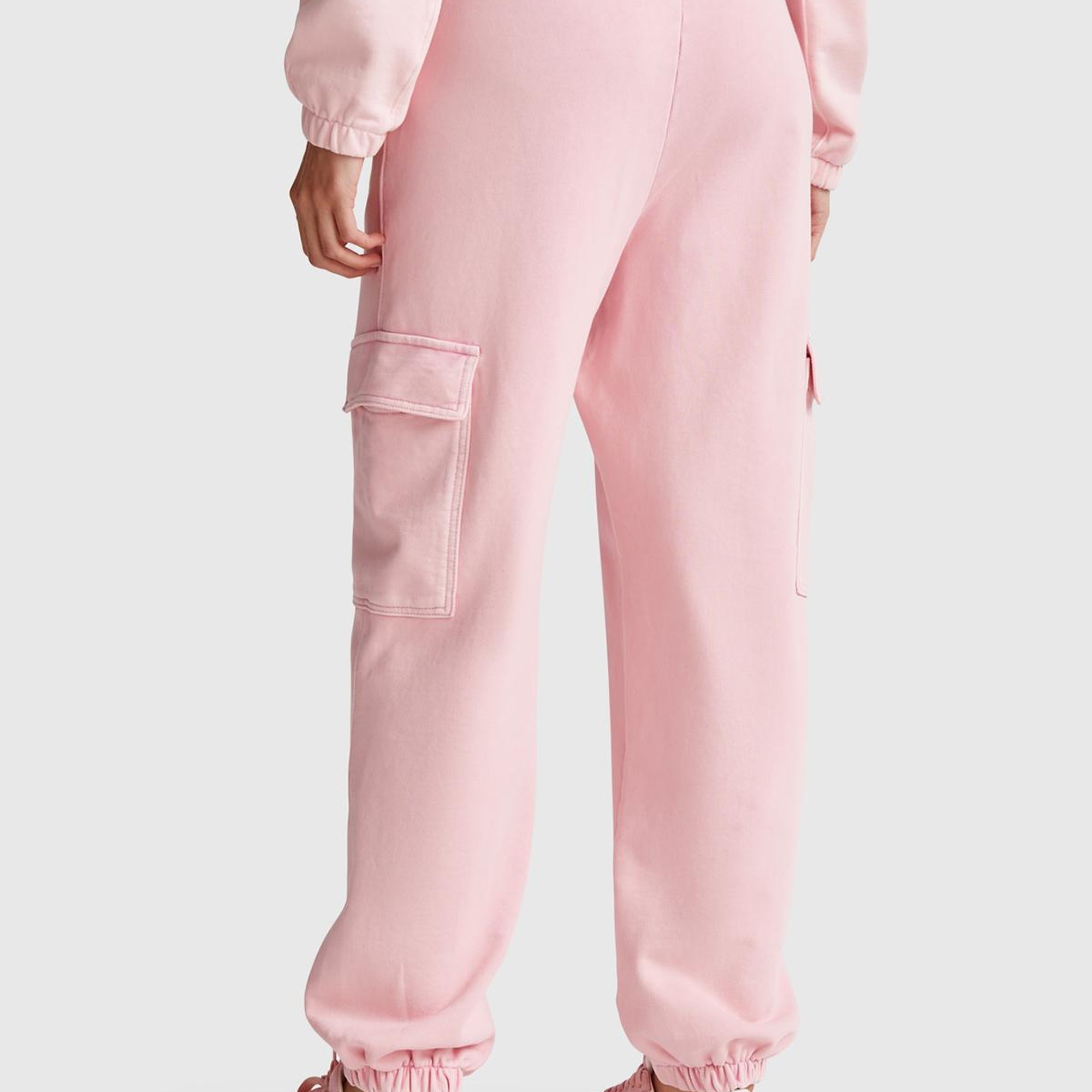 Kadın Pembe %100 Pamuk Beli İpli Relax Fit Kargo Eşofman Altı