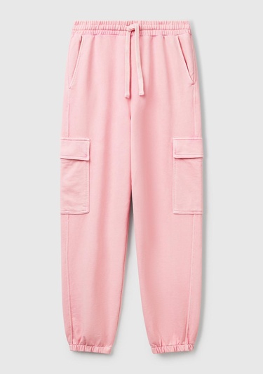  Kadın Pembe %100 Pamuk Beli İpli Relax Fit Kargo Eşofman Altı