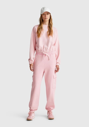  Kadın Pembe %100 Pamuk Beli İpli Relax Fit Kargo Eşofman Altı