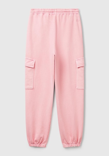  Kadın Pembe %100 Pamuk Beli İpli Relax Fit Kargo Eşofman Altı