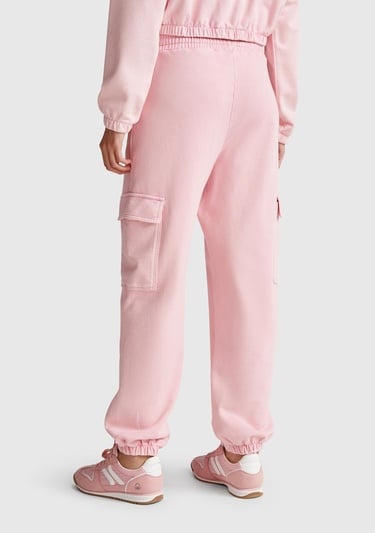  Kadın Pembe %100 Pamuk Beli İpli Relax Fit Kargo Eşofman Altı