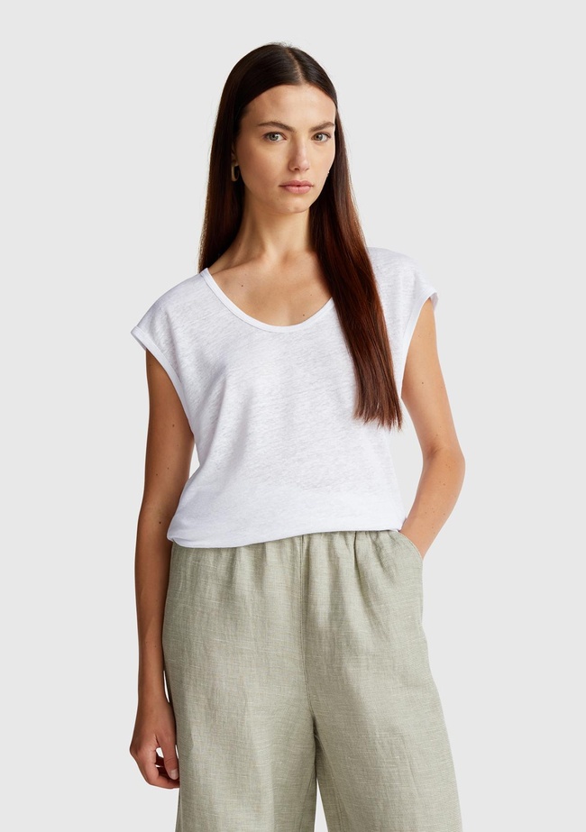  Kadın Beyaz %100 Keten Yanları Yırtmaçlı Relax Fit Yuvarlak Yaka T-Shirt