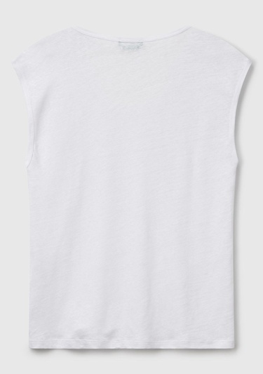  Kadın Beyaz %100 Keten Yanları Yırtmaçlı Relax Fit Yuvarlak Yaka T-Shirt