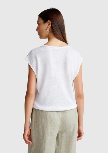  Kadın Beyaz %100 Keten Yanları Yırtmaçlı Relax Fit Yuvarlak Yaka T-Shirt