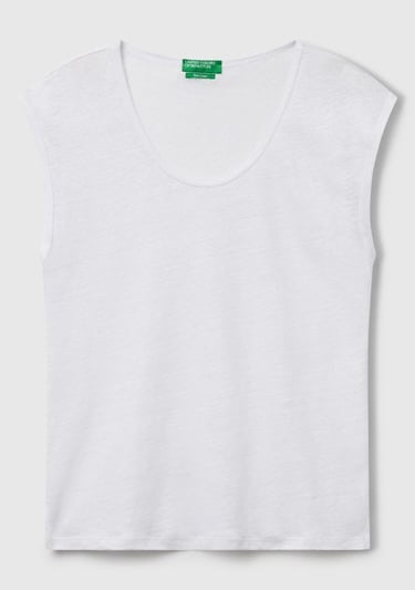  Kadın Beyaz %100 Keten Yanları Yırtmaçlı Relax Fit Yuvarlak Yaka T-Shirt