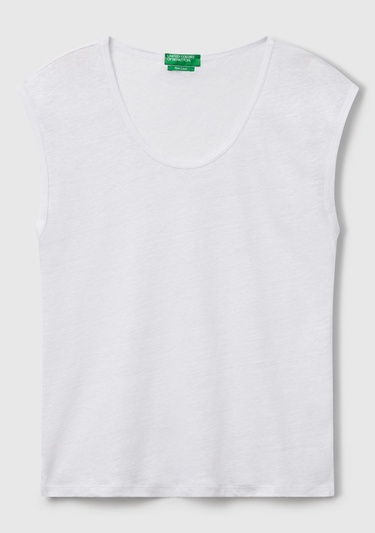  Kadın Beyaz %100 Keten Yanları Yırtmaçlı Relax Fit Yuvarlak Yaka T-Shirt