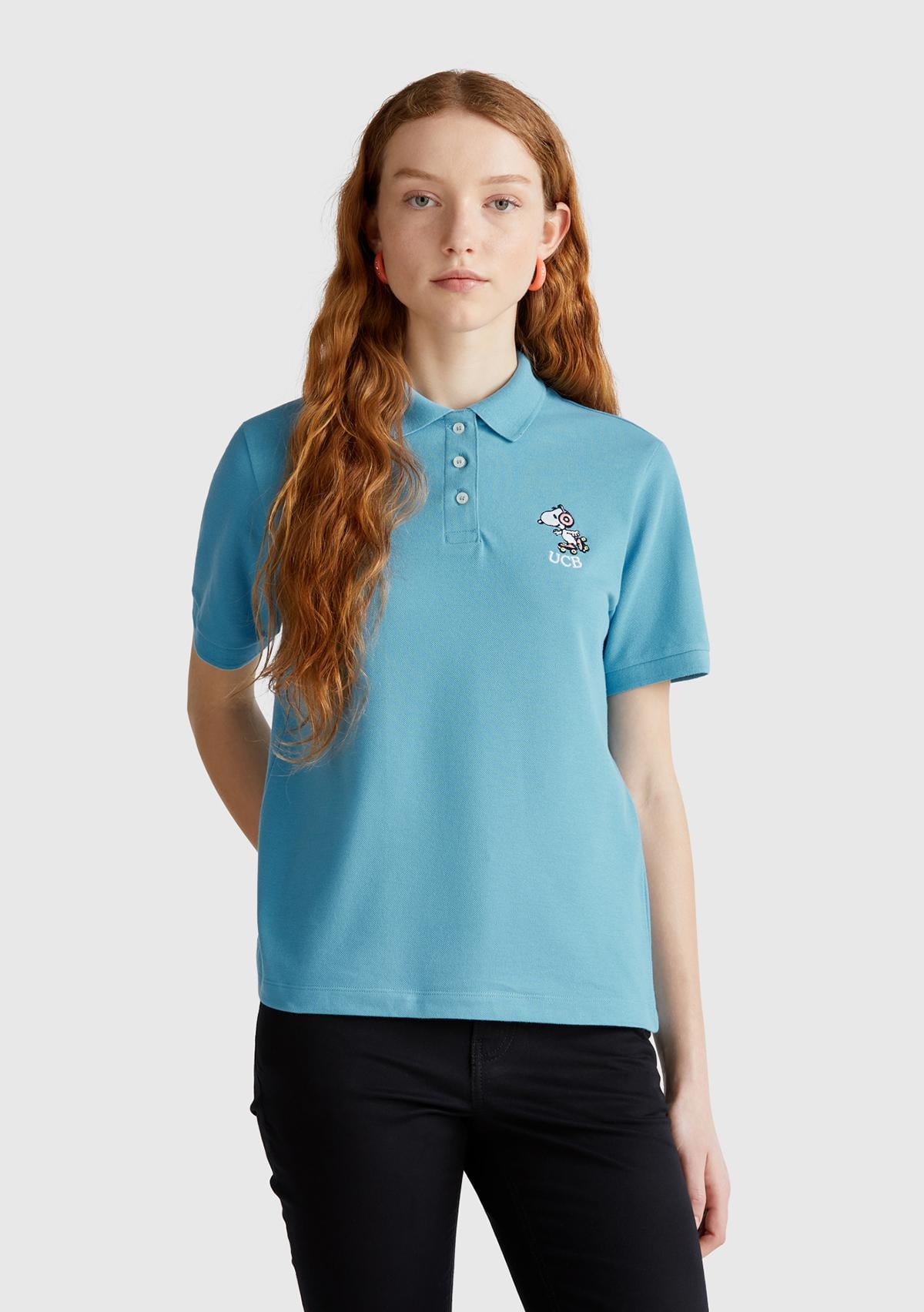  Kadın %100 Koton Peanuts Baskılı Polo T-Shirt