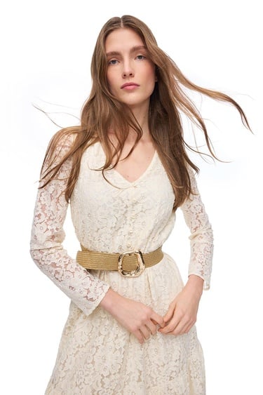  Krem İolite Regular Fit Çiçekli Midi Boy Elbise