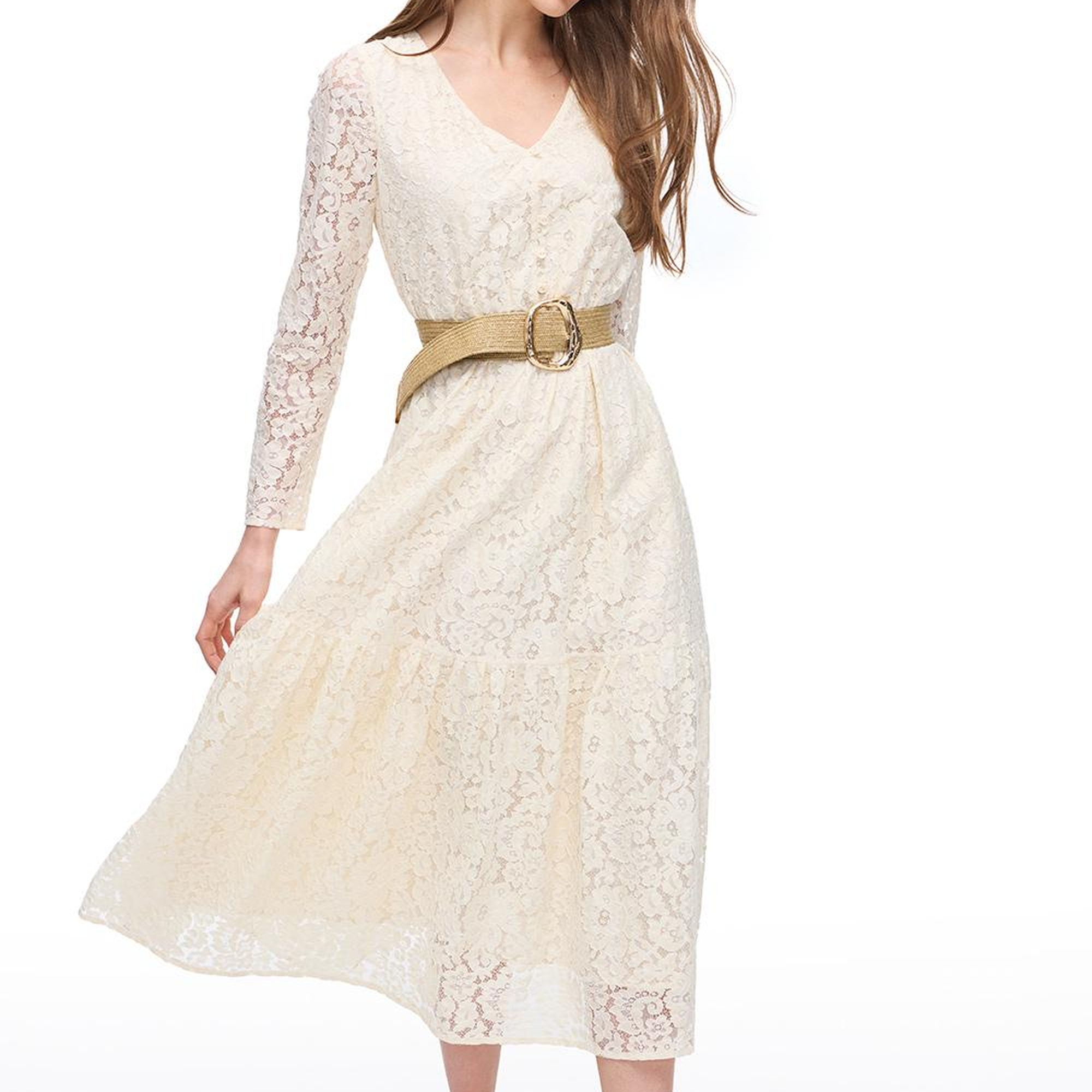 Krem İolite Regular Fit Çiçekli Midi Boy Elbise