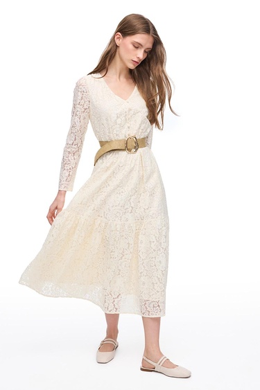  Krem İolite Regular Fit Çiçekli Midi Boy Elbise