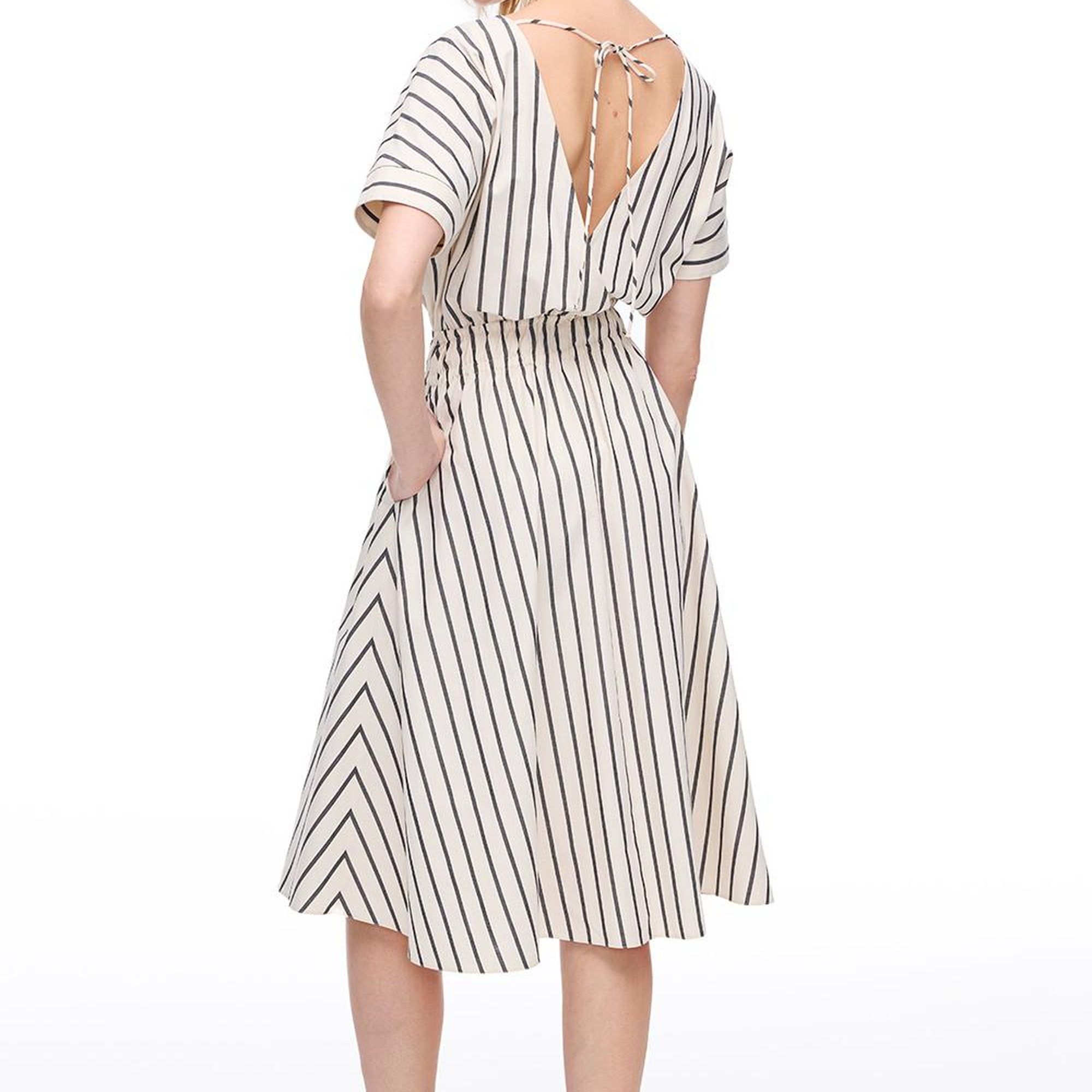 Krem Chatos Slim Fit Çizgili Diz Altı Elbise