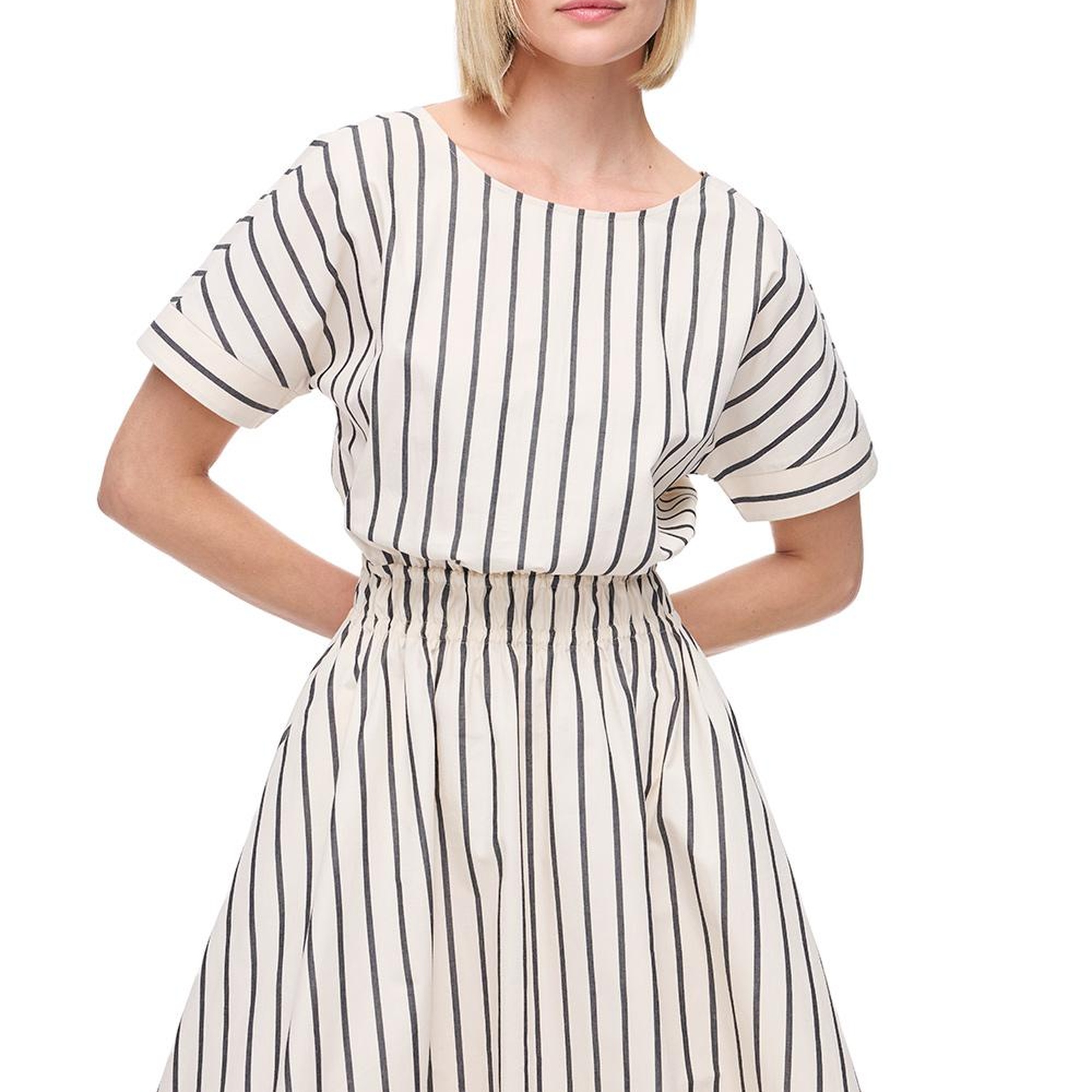 Krem Chatos Slim Fit Çizgili Diz Altı Elbise