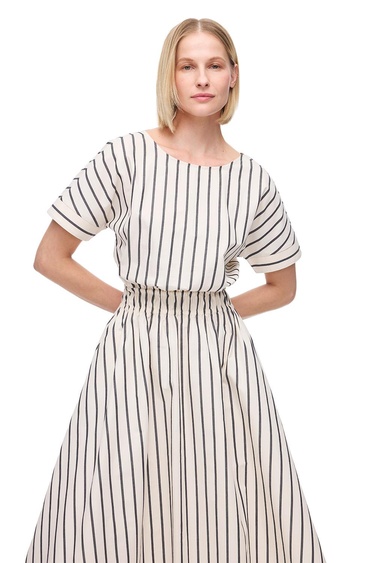  Krem Chatos Slim Fit Çizgili Diz Altı Elbise