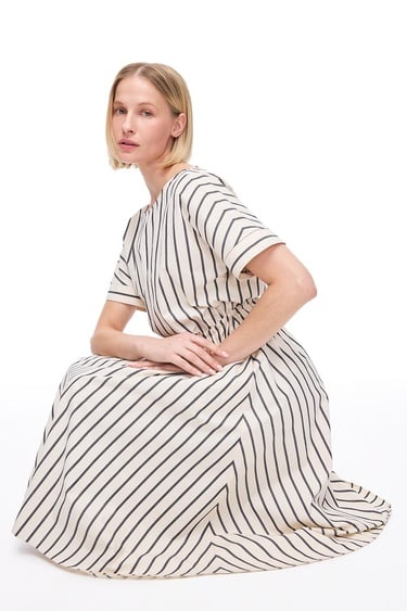  Krem Chatos Slim Fit Çizgili Diz Altı Elbise