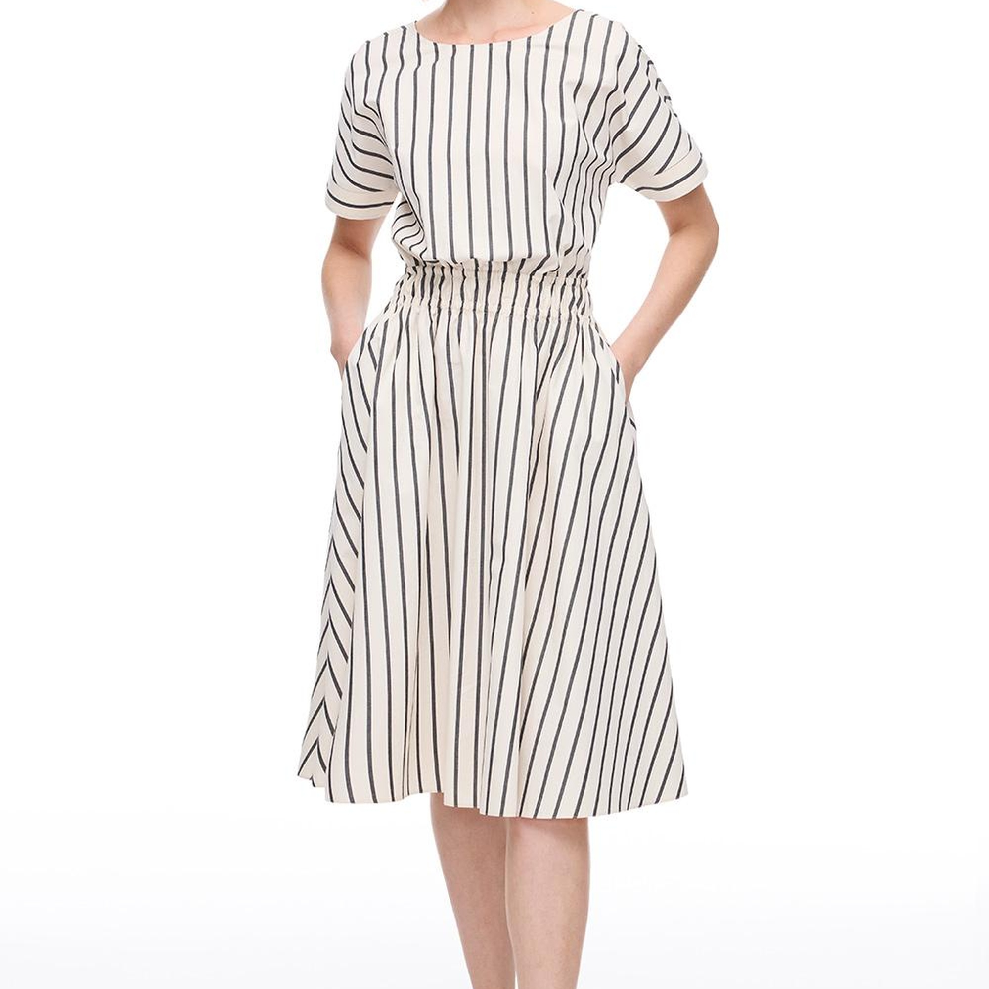 Krem Chatos Slim Fit Çizgili Diz Altı Elbise