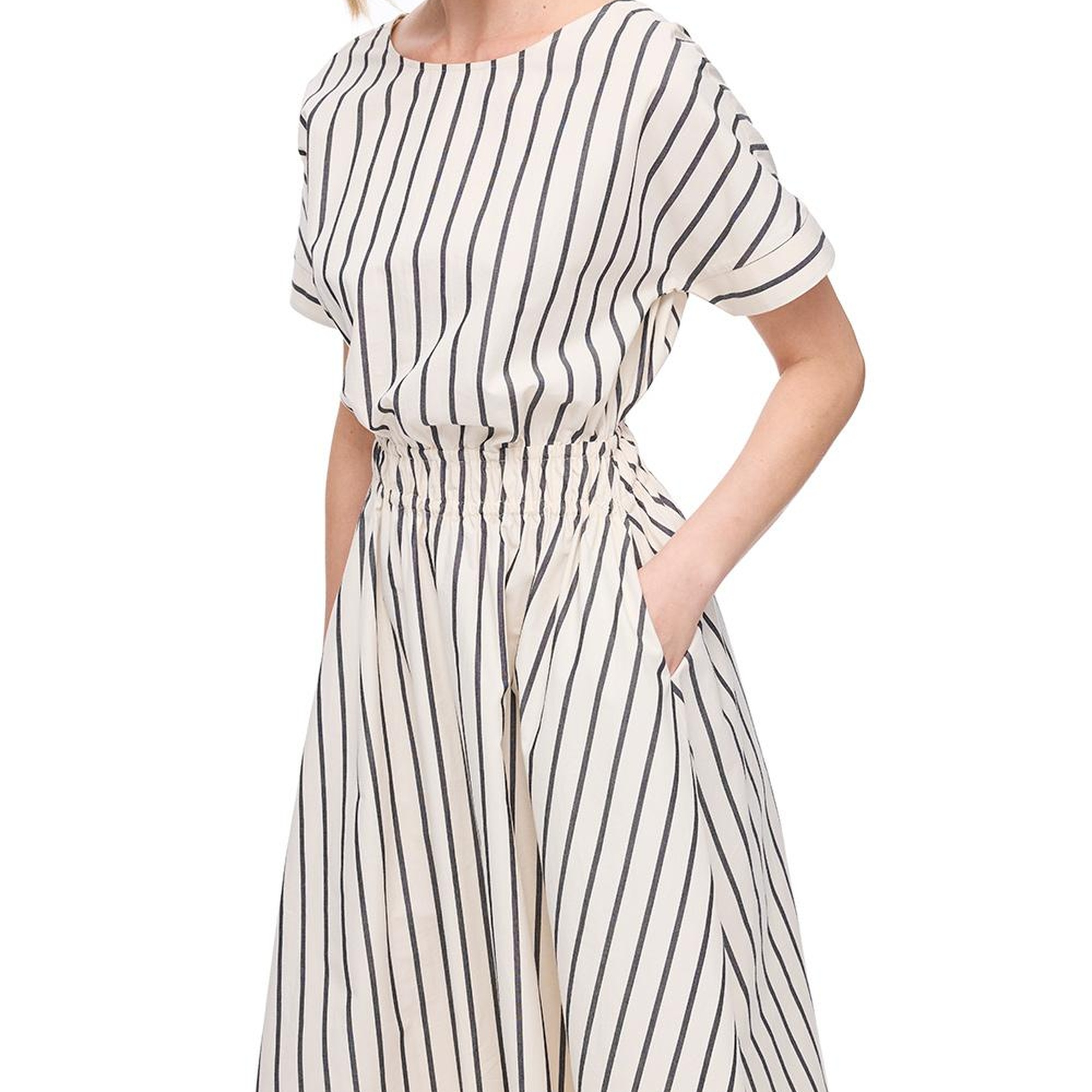 Krem Chatos Slim Fit Çizgili Diz Altı Elbise