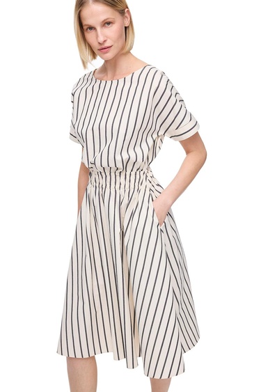  Krem Chatos Slim Fit Çizgili Diz Altı Elbise