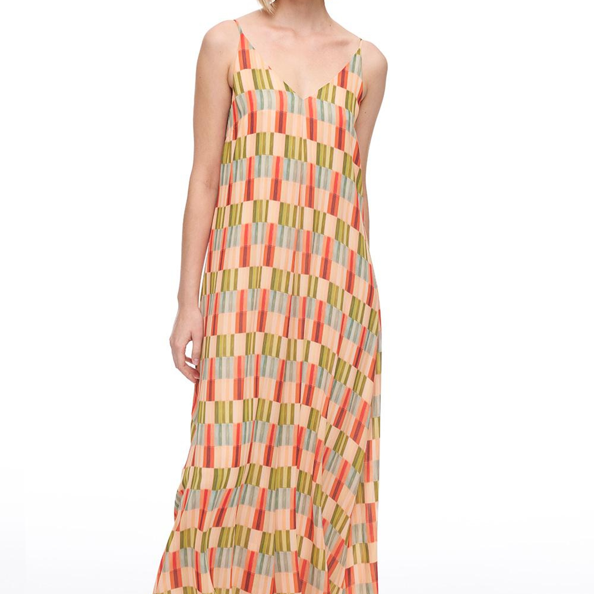 V-Yaka Askılı Geometrik Desenli Uzun Elbise