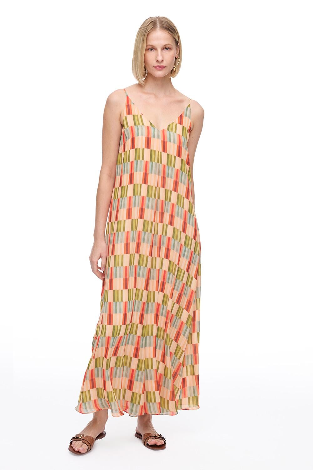  V-Yaka Askılı Geometrik Desenli Uzun Elbise