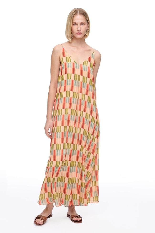  V-Yaka Askılı Geometrik Desenli Uzun Elbise