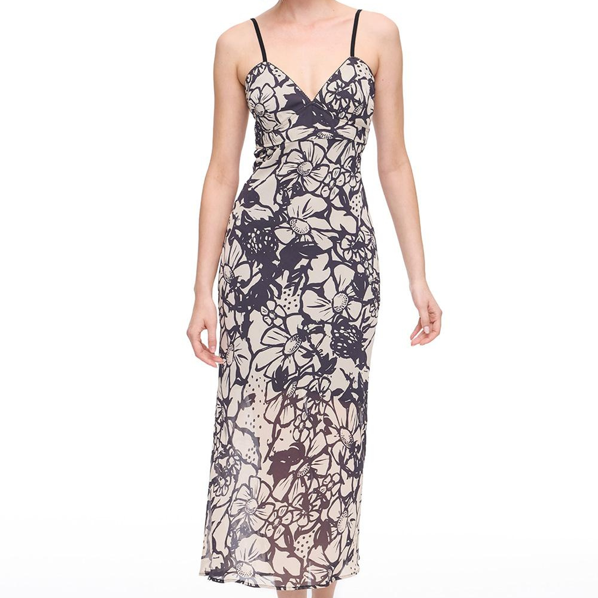 Bej Siyah Caias Regular Fit Çiçekli Maxi Boy Elbise