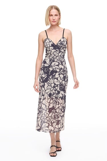  Bej Siyah Caias Regular Fit Çiçekli Maxi Boy Elbise