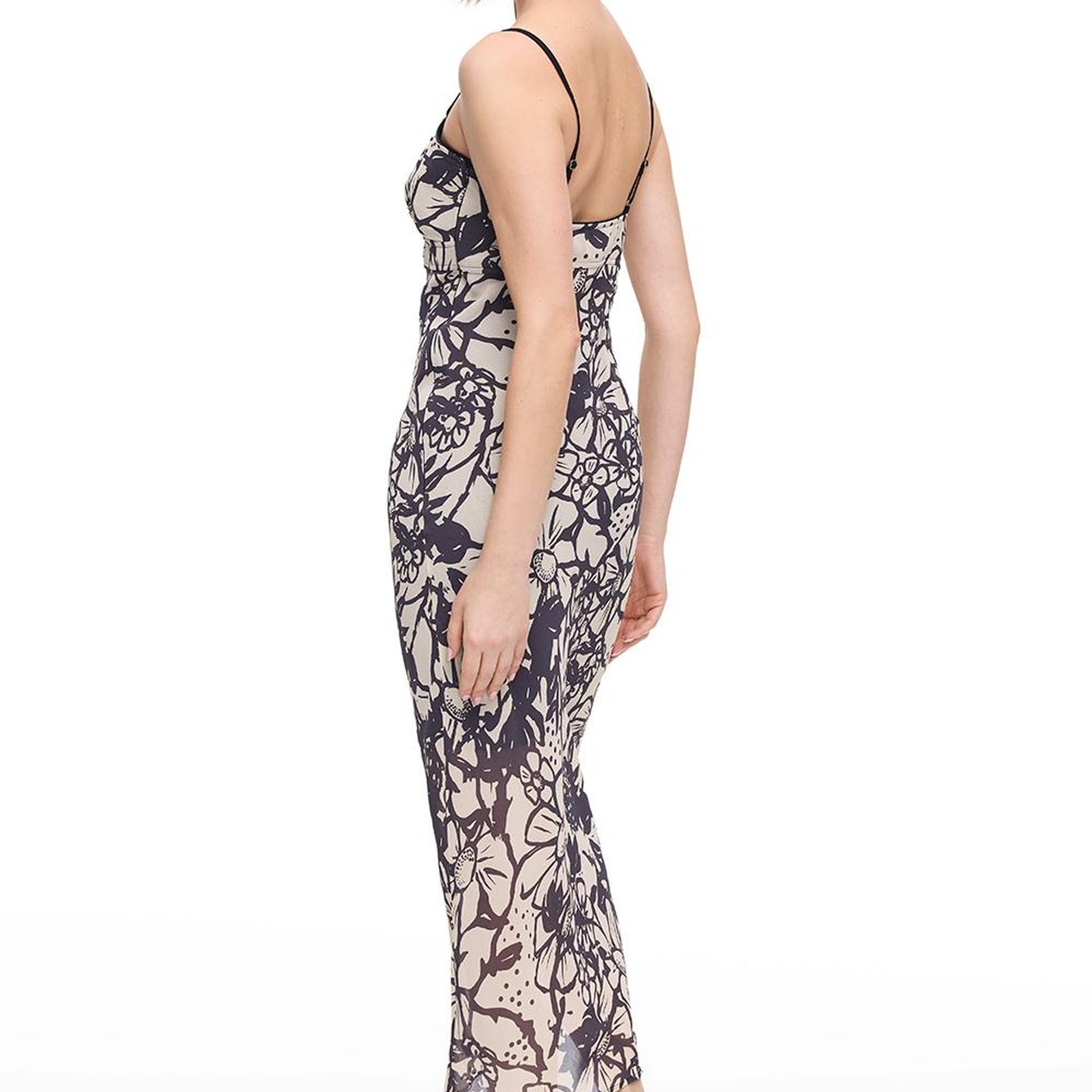 Bej Siyah Caias Regular Fit Çiçekli Maxi Boy Elbise