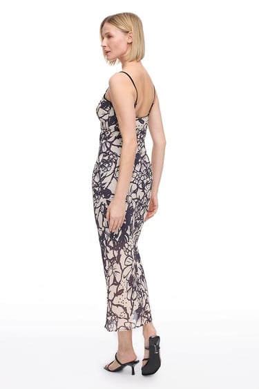  Bej Siyah Caias Regular Fit Çiçekli Maxi Boy Elbise