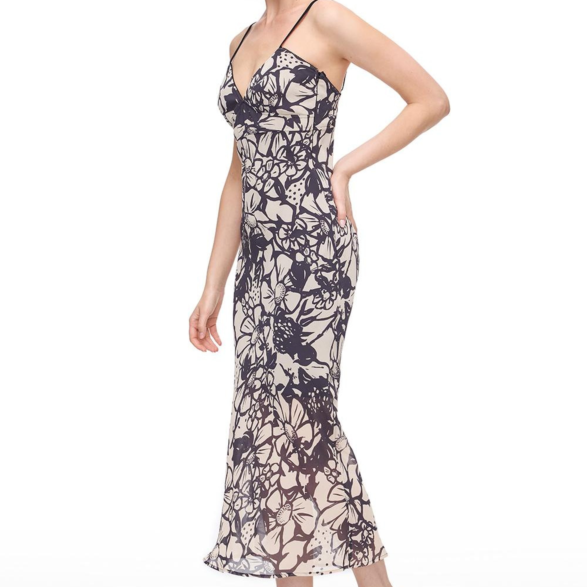 Bej Siyah Caias Regular Fit Çiçekli Maxi Boy Elbise