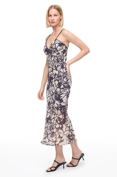  Bej Siyah Caias Regular Fit Çiçekli Maxi Boy Elbise