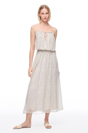  Açık Bej Fidos Regular Fit Puantiyeli Uzun Boy Elbise