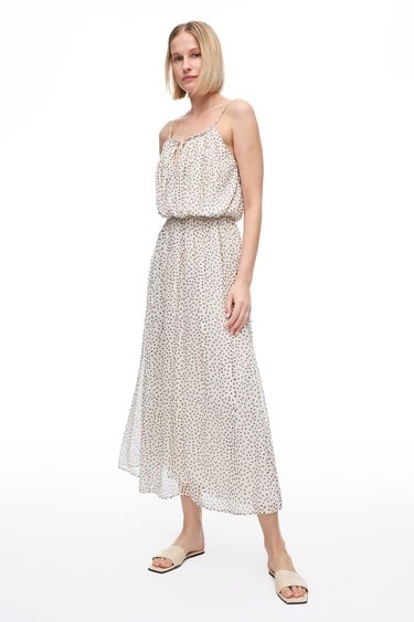  Açık Bej Fidos Regular Fit Puantiyeli Uzun Boy Elbise