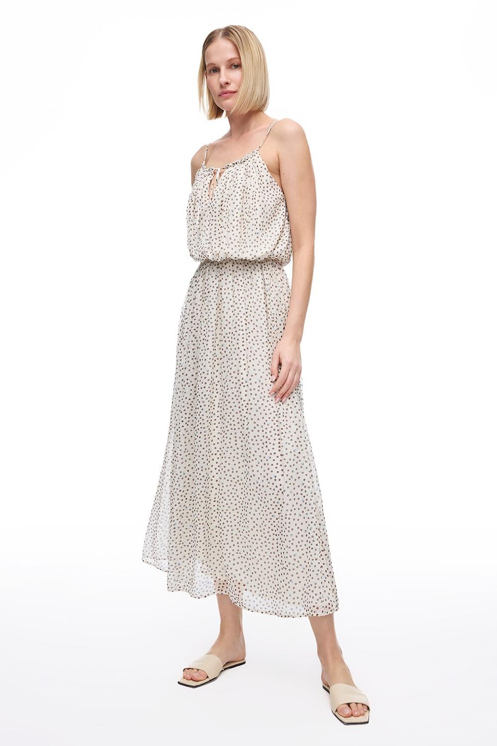  Açık Bej Fidos Regular Fit Puantiyeli Uzun Boy Elbise