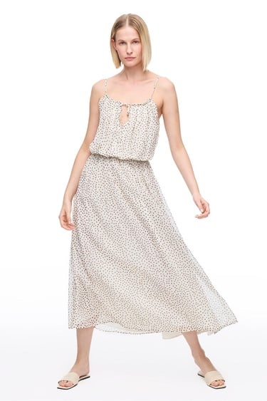 Açık Bej Fidos Regular Fit Puantiyeli Uzun Boy Elbise