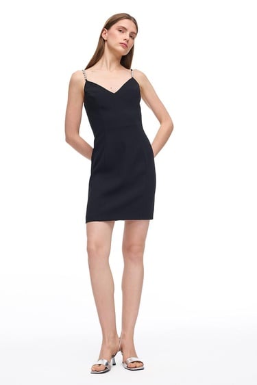  V Yaka Mini Saten Görünümlü Elbise