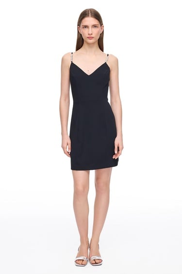  V Yaka Mini Saten Görünümlü Elbise