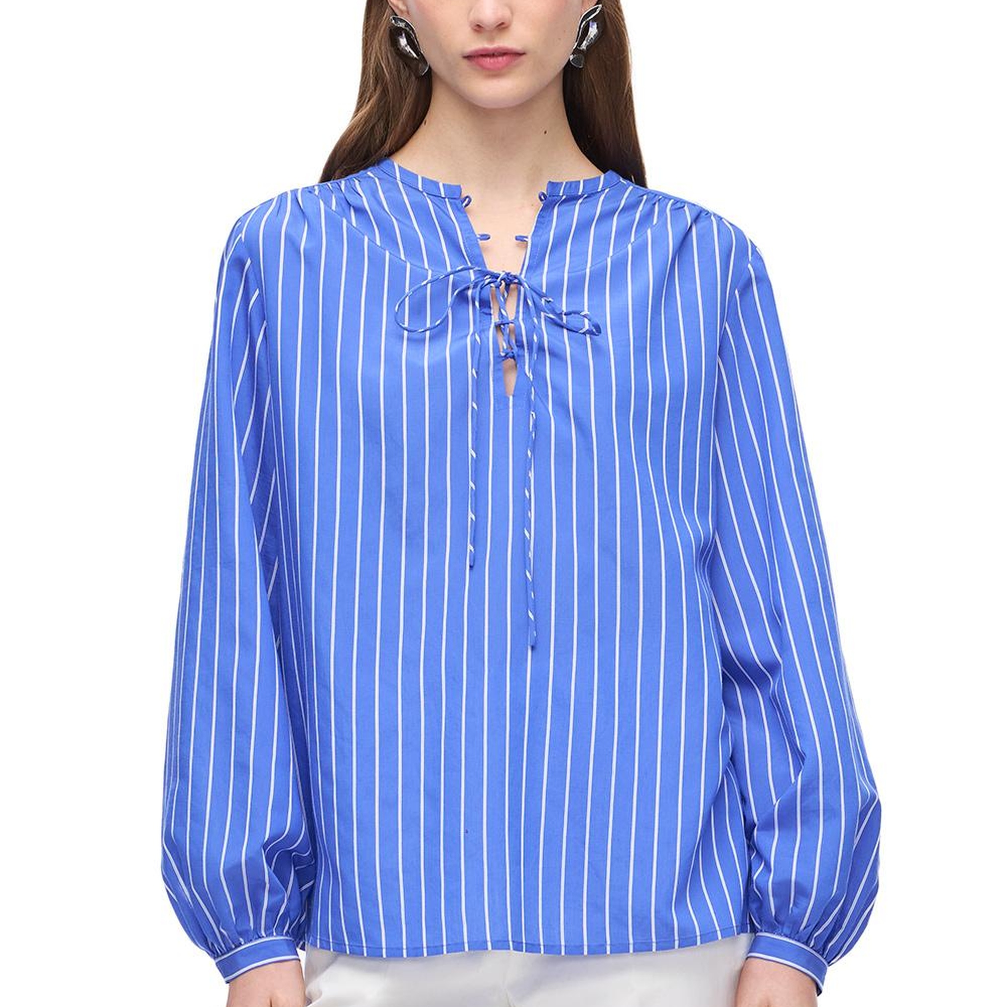 Saks Metz Rahat Kalıp Bisiklet Yaka Çizgili Bluz