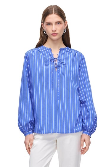  Saks Metz Rahat Kalıp Bisiklet Yaka Çizgili Bluz