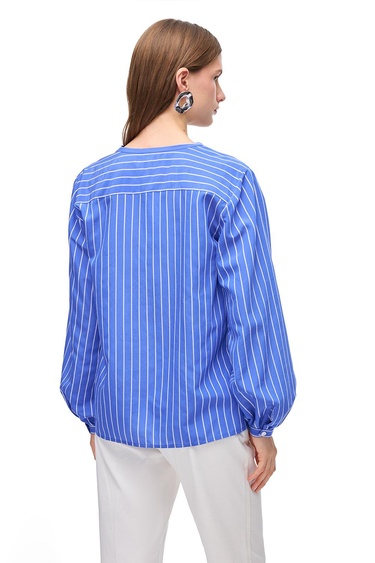  Saks Metz Rahat Kalıp Bisiklet Yaka Çizgili Bluz