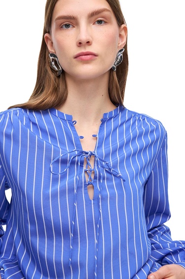  Saks Metz Rahat Kalıp Bisiklet Yaka Çizgili Bluz