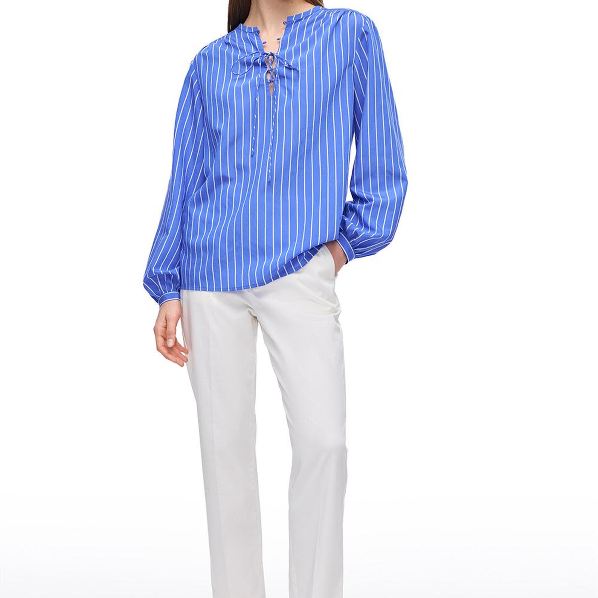 Saks Metz Rahat Kalıp Bisiklet Yaka Çizgili Bluz