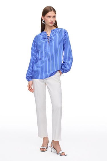  Saks Metz Rahat Kalıp Bisiklet Yaka Çizgili Bluz