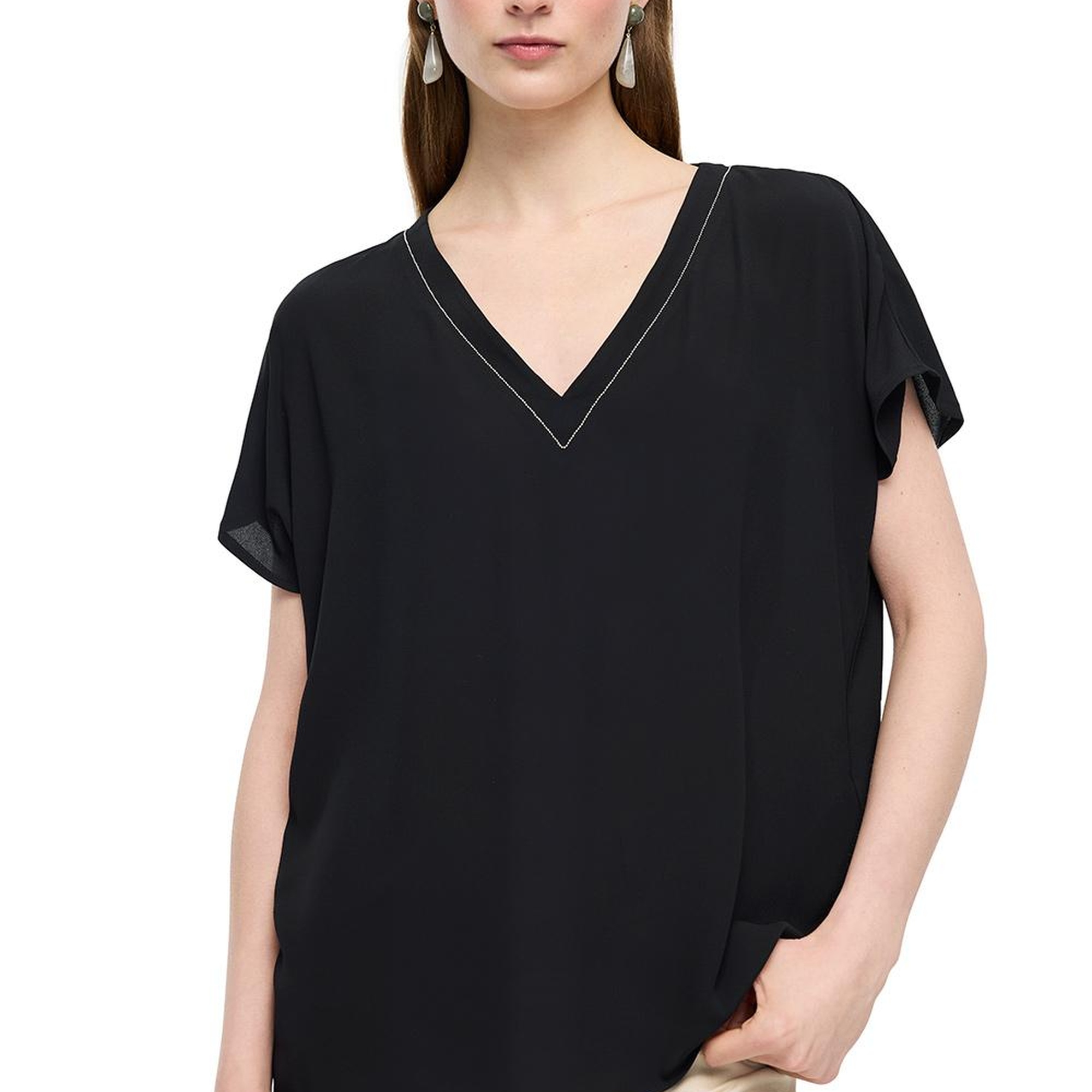 Siyah Ametist Rahat Kalıp V-Yaka Bluz