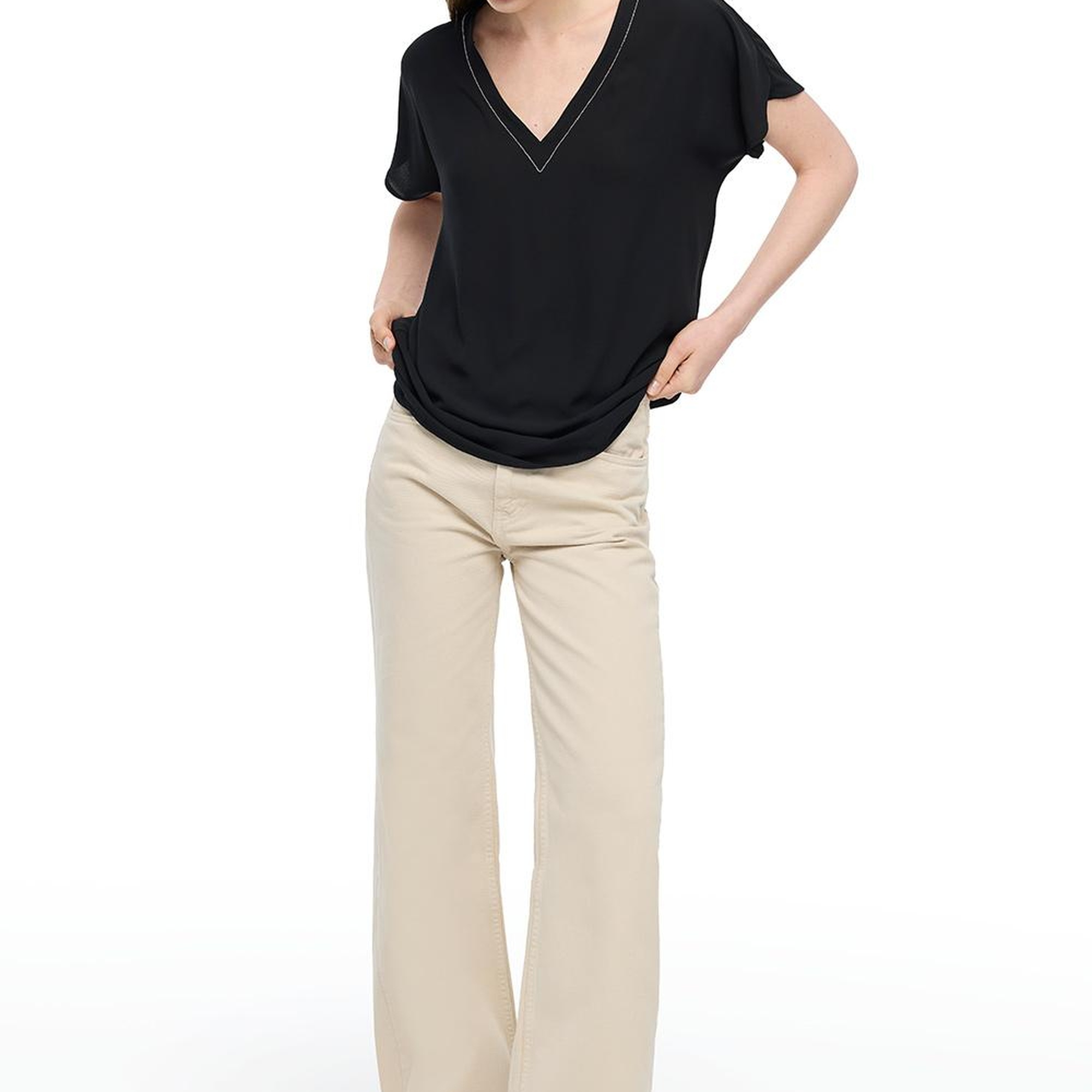 Siyah Ametist Rahat Kalıp V-Yaka Bluz