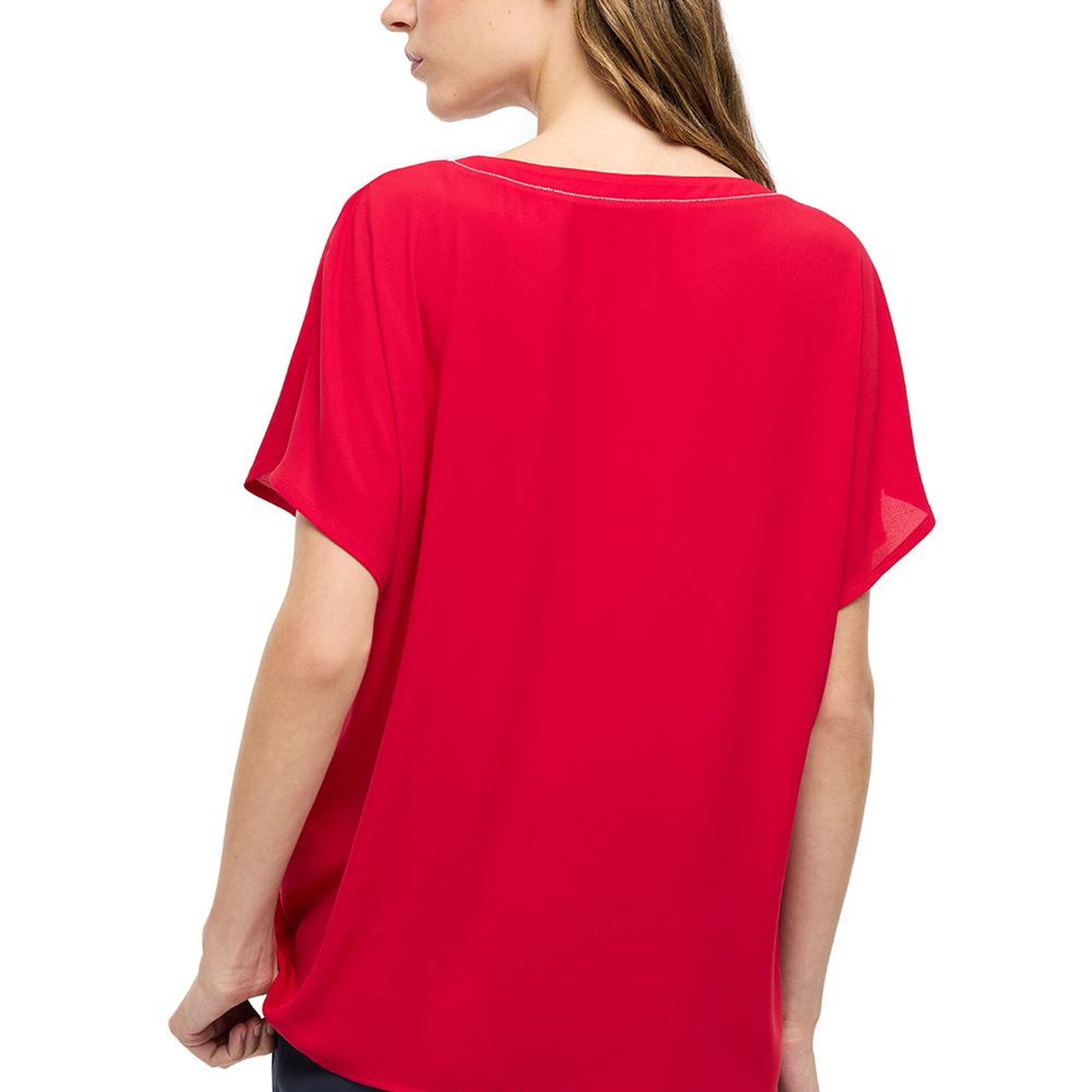 Kırmızı Ametist Rahat Kalıp V-Yaka Bluz