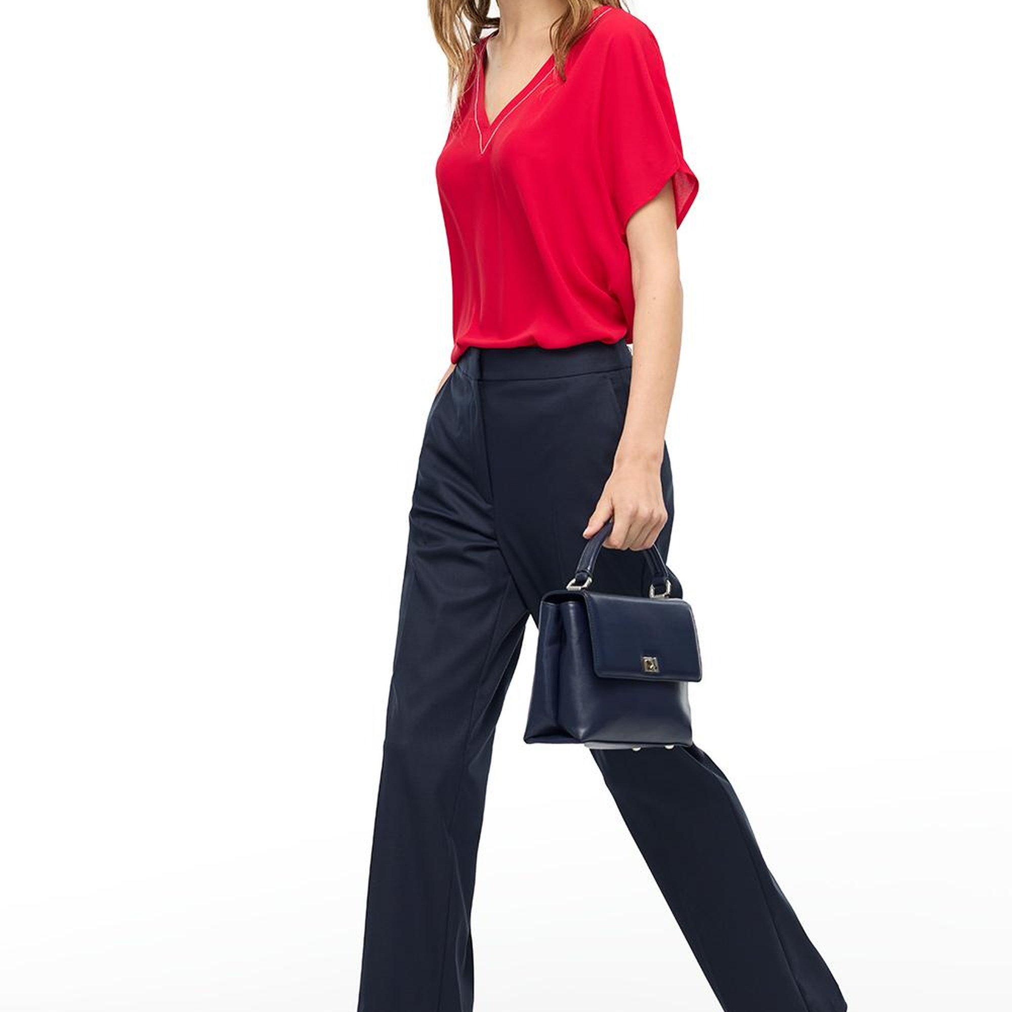 Kırmızı Ametist Rahat Kalıp V-Yaka Bluz