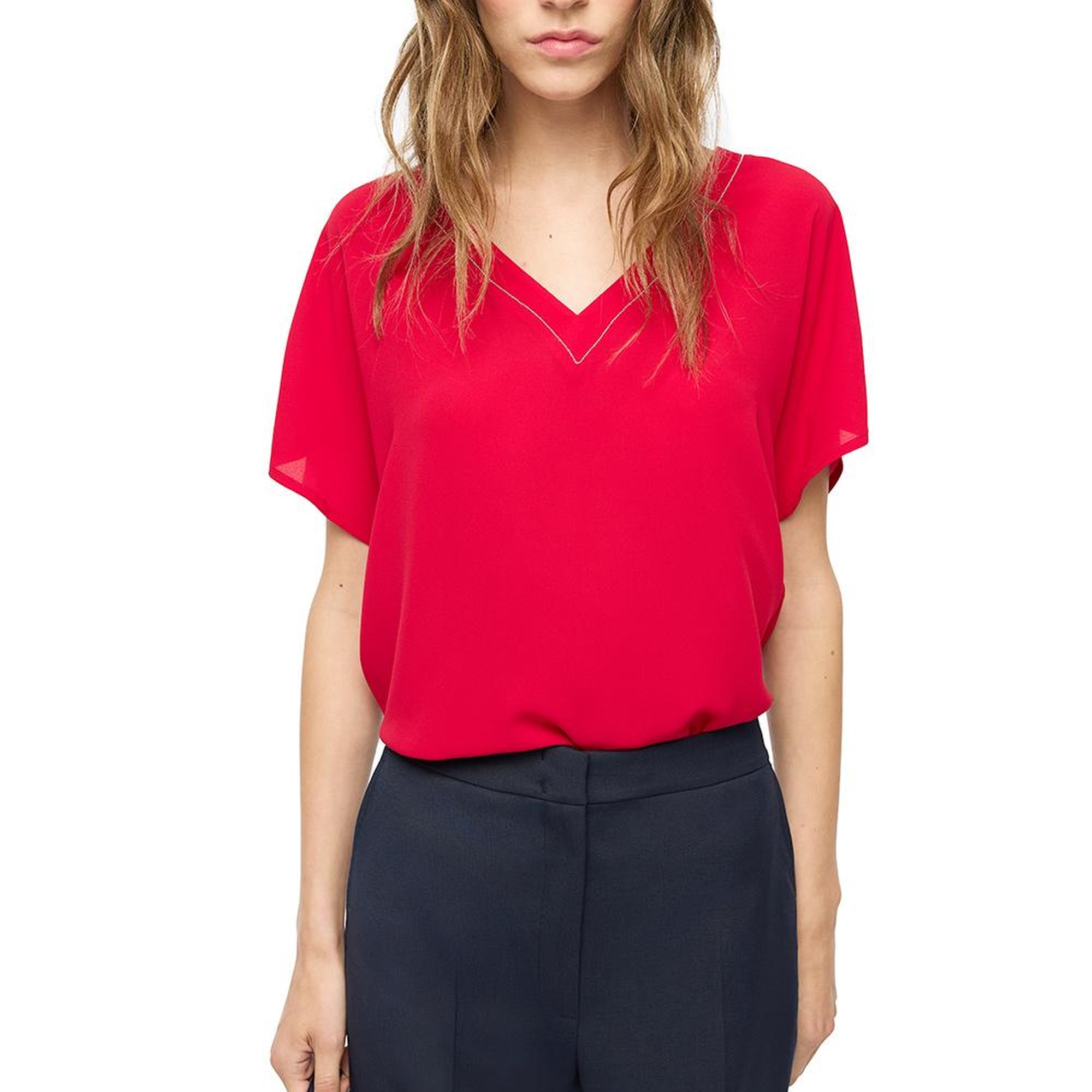 Kırmızı Ametist Rahat Kalıp V-Yaka Bluz